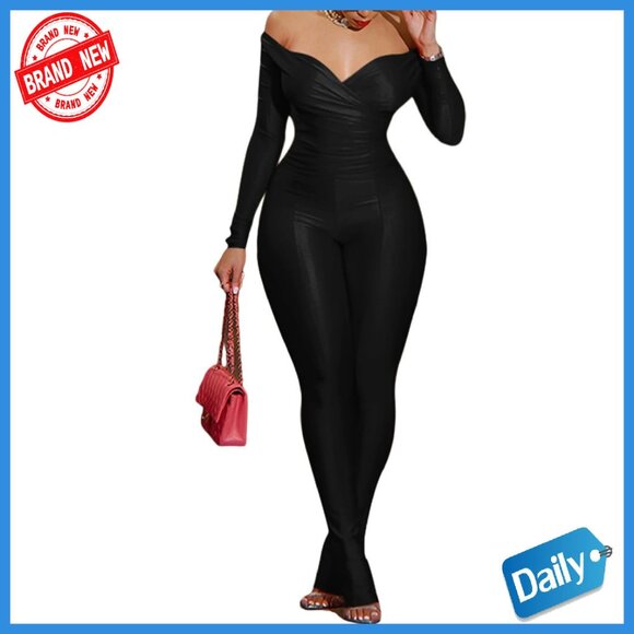Sexy Off Shoulder Top Bodycon Flared Pant Set Stretchy Club Outfit